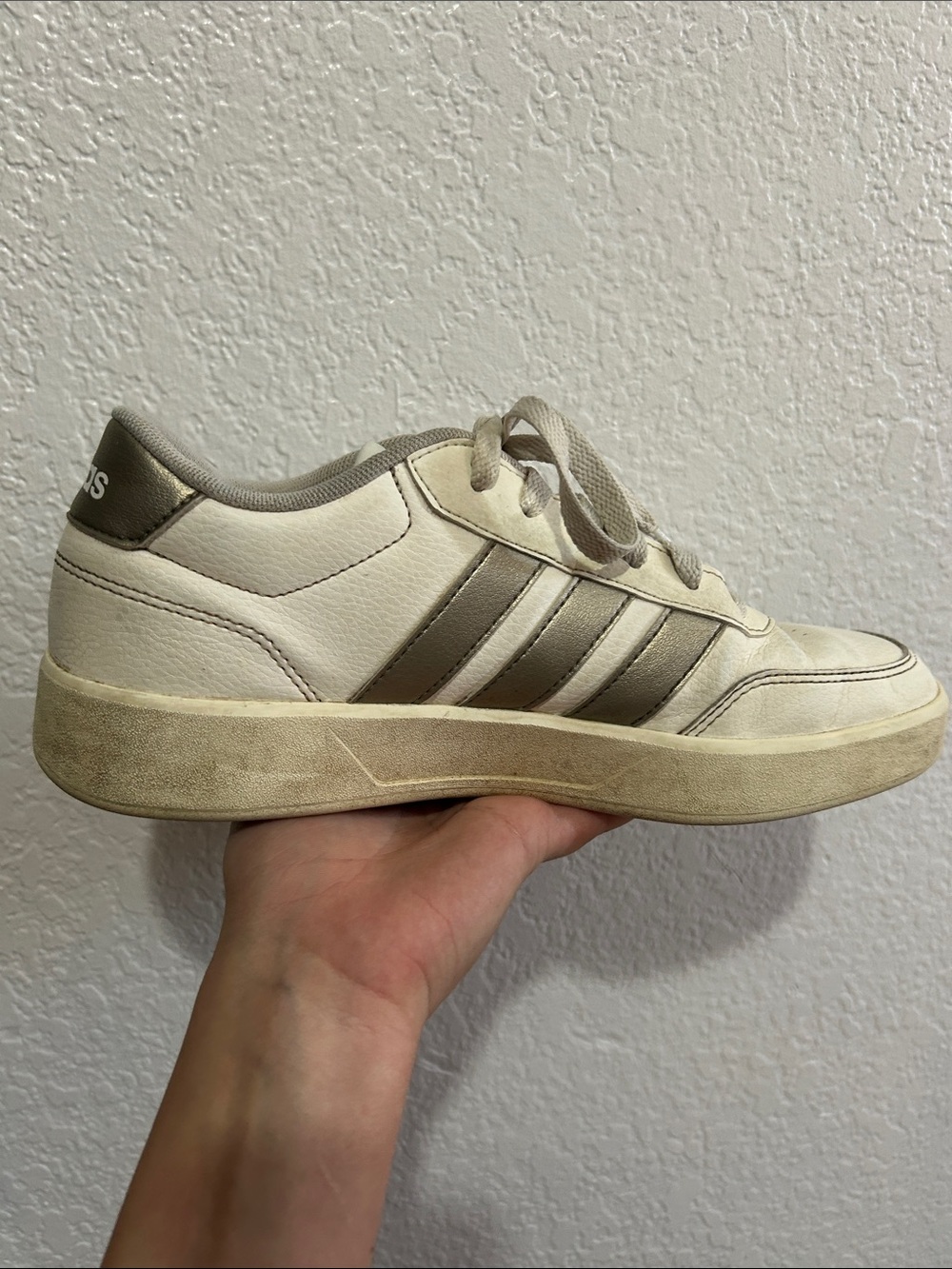 adidas Cream Low-Top Sneaker with Metallic Taupe Stripes